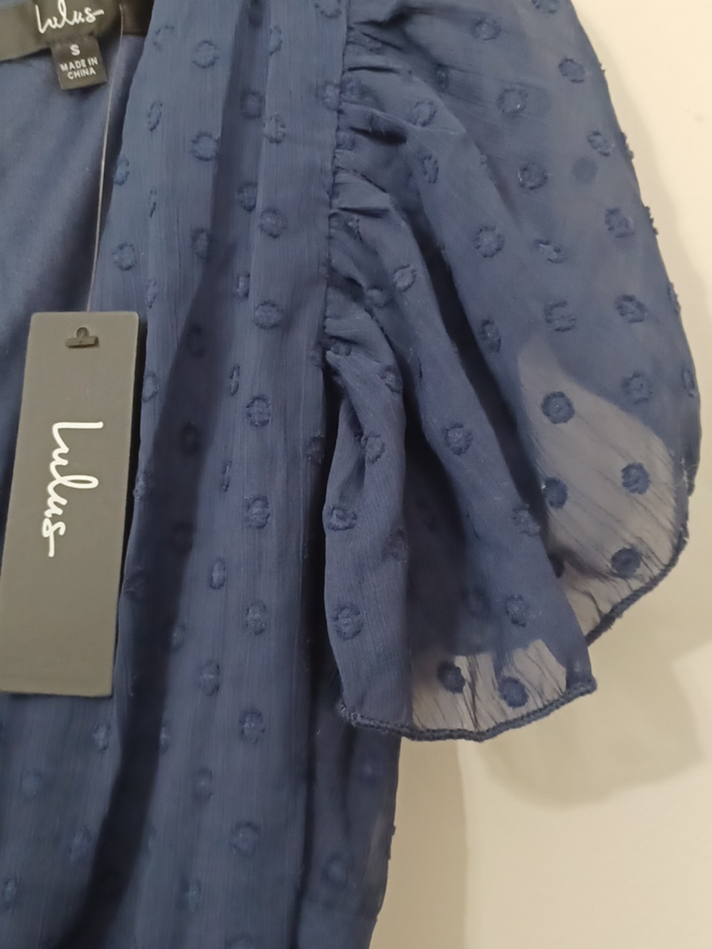 Lulu's Navy Blue Have Harmony Swiss Dot Ruffles Wrap Midi Dress . NWT. Size S - Picture 9 of 13